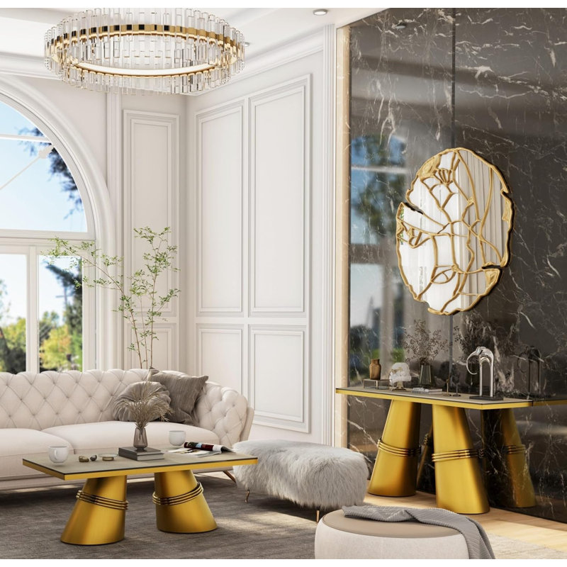 Everly Quinn 2 Piece White Glass And Gold Living Room Table Set Wayfair